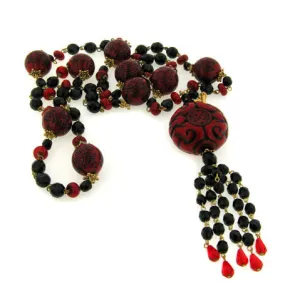 39" Layered Wrapping Carved Red and Black Beaded Asian Style Tassel Necklace