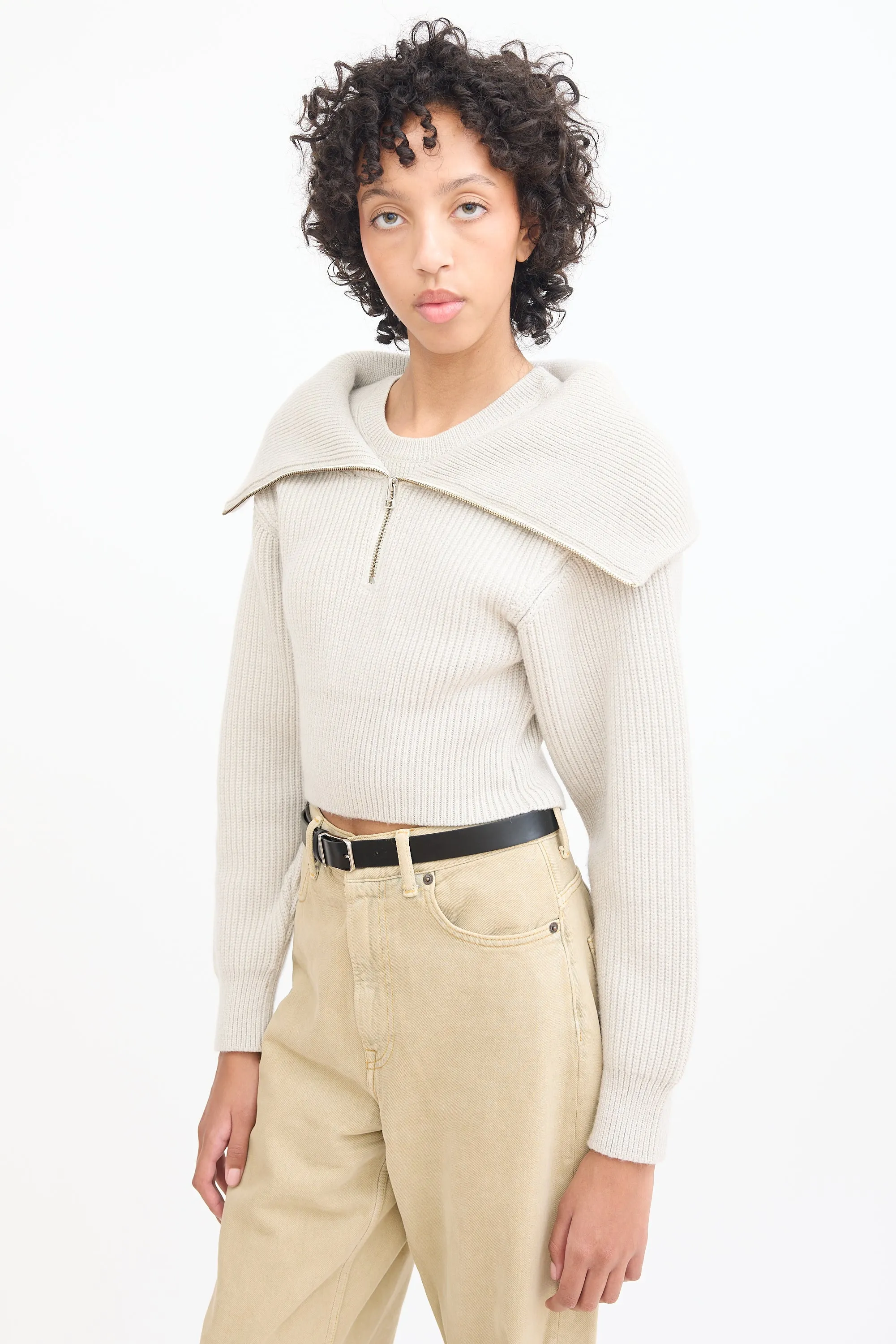 Beige Wool Layered Knit Sweater