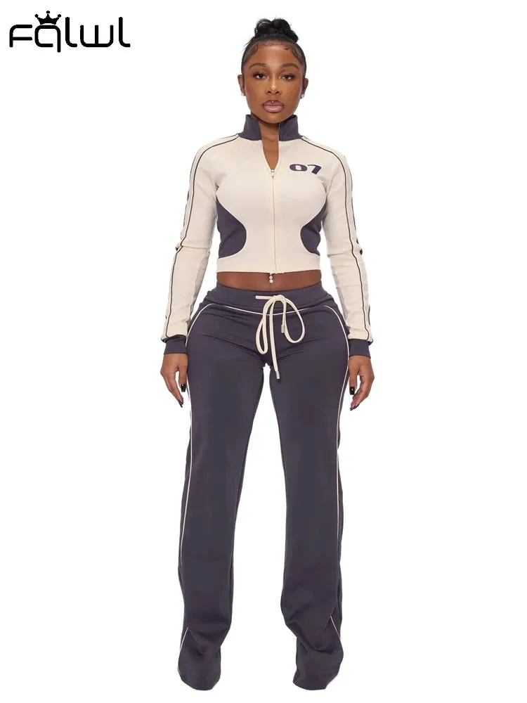 Casual Sporty Crop Jacket Drawstring Sweatpants Set