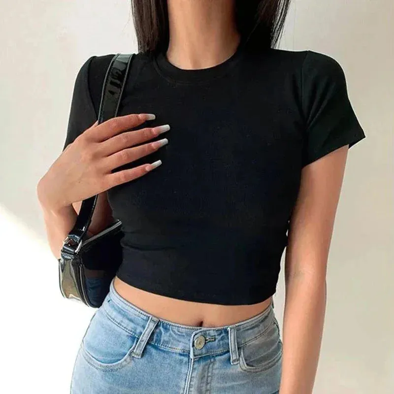 Casual Women’s Short Sleeve Crop Tops – Soft, Stretchy Solid Tees for Effortless Summer Style in Black & White