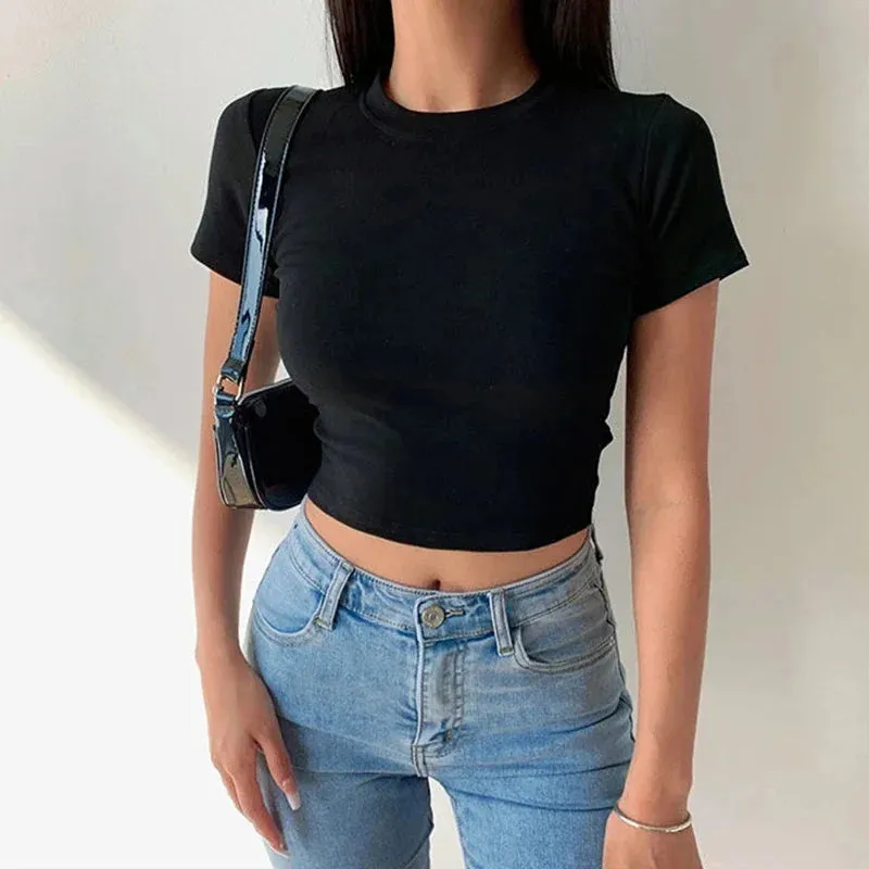 Casual Women’s Short Sleeve Crop Tops – Soft, Stretchy Solid Tees for Effortless Summer Style in Black & White