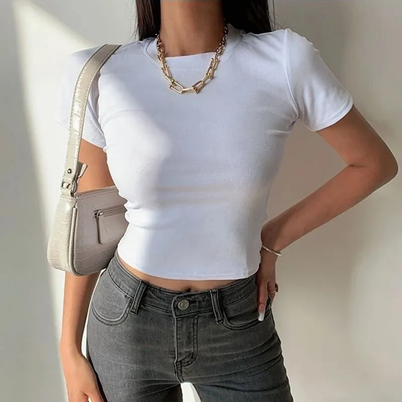 Casual Women’s Short Sleeve Crop Tops – Soft, Stretchy Solid Tees for Effortless Summer Style in Black & White