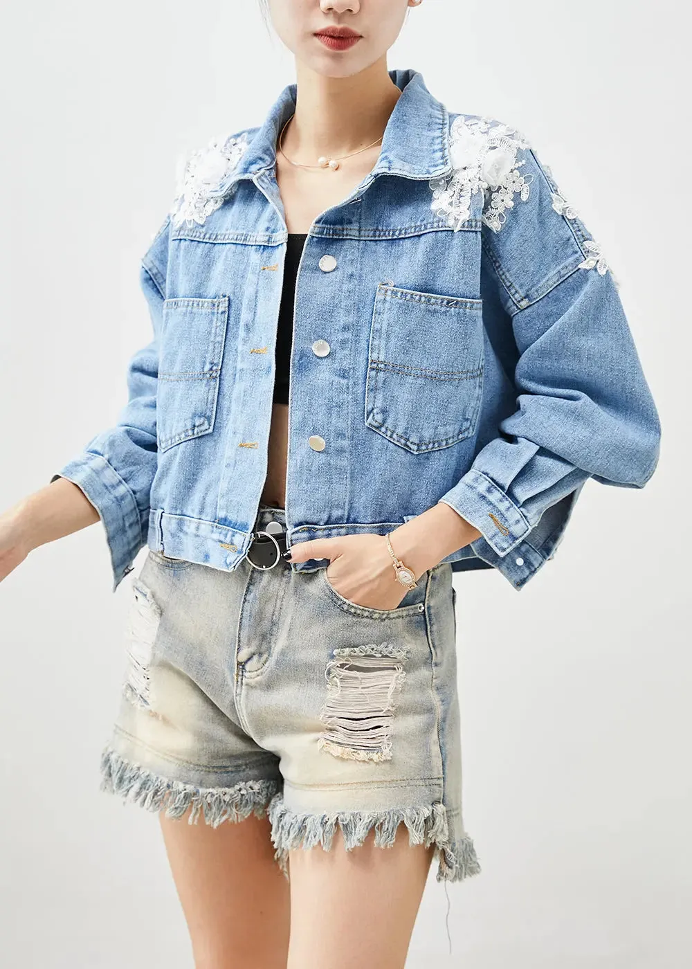 Chic Blue Oversized Stereoscopic Floral Denim Coat Fall ML0521