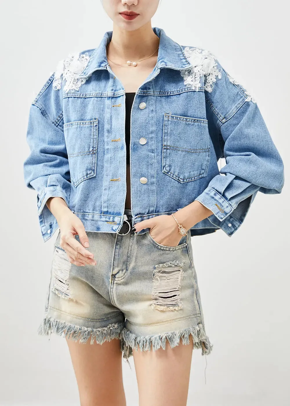 Chic Blue Oversized Stereoscopic Floral Denim Coat Fall ML0521