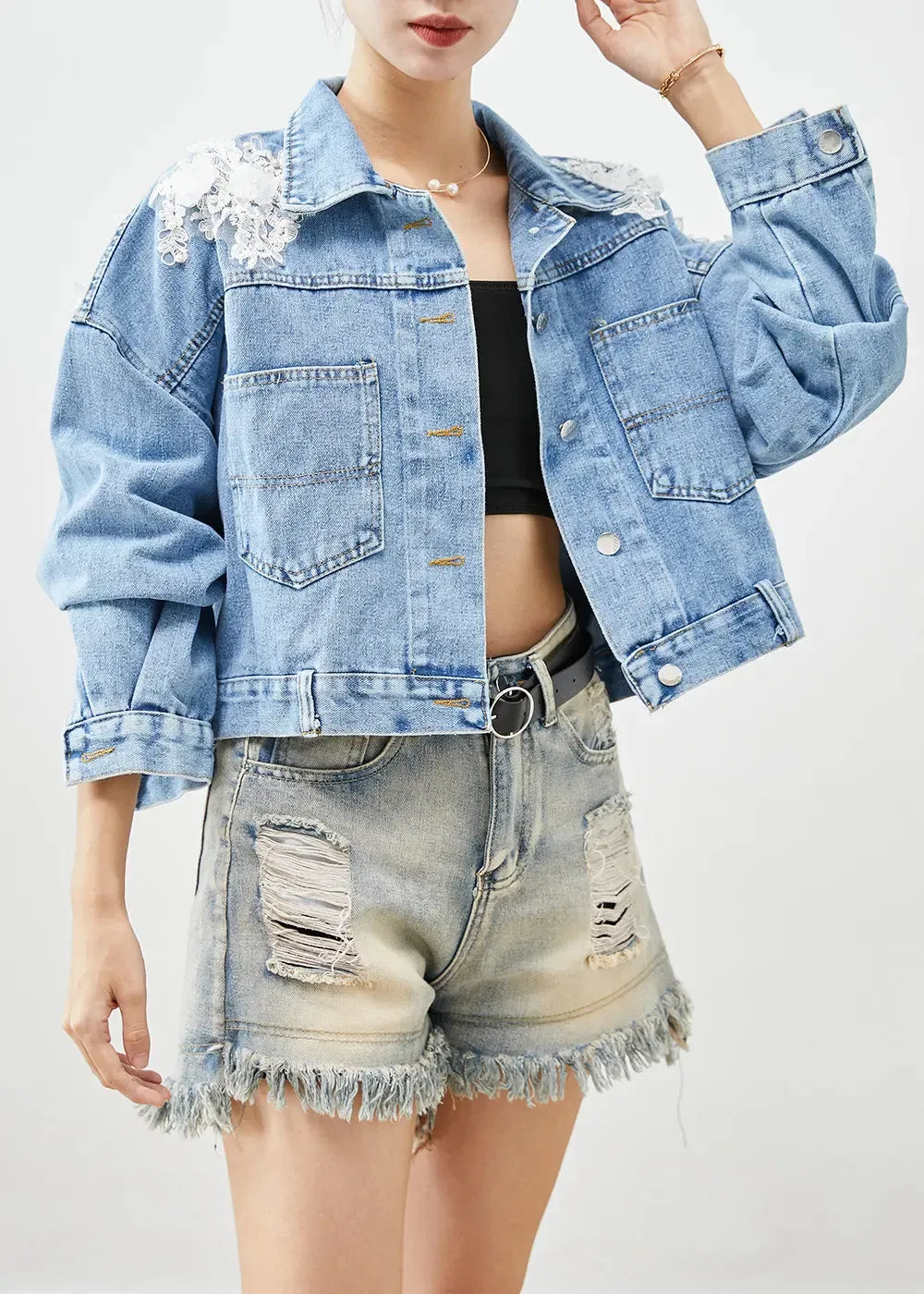 Chic Blue Oversized Stereoscopic Floral Denim Coat Fall ML0521
