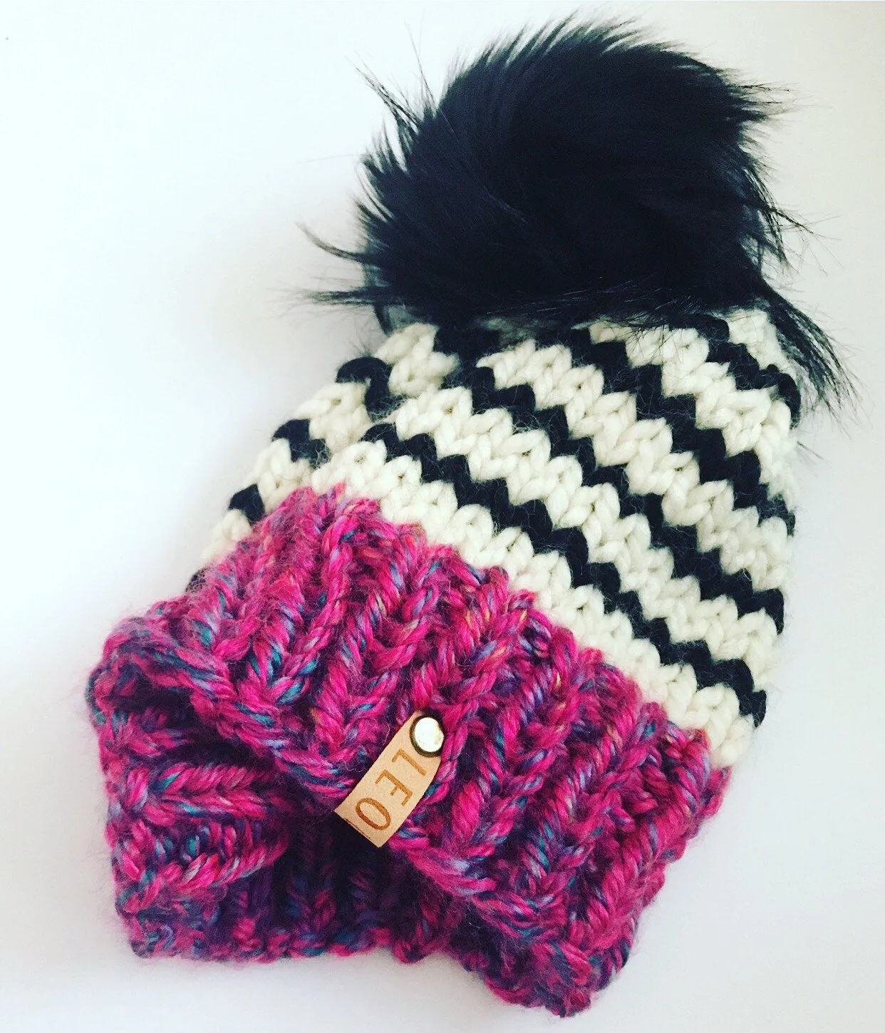Chunky Striped Faux Fur Pom Beanie