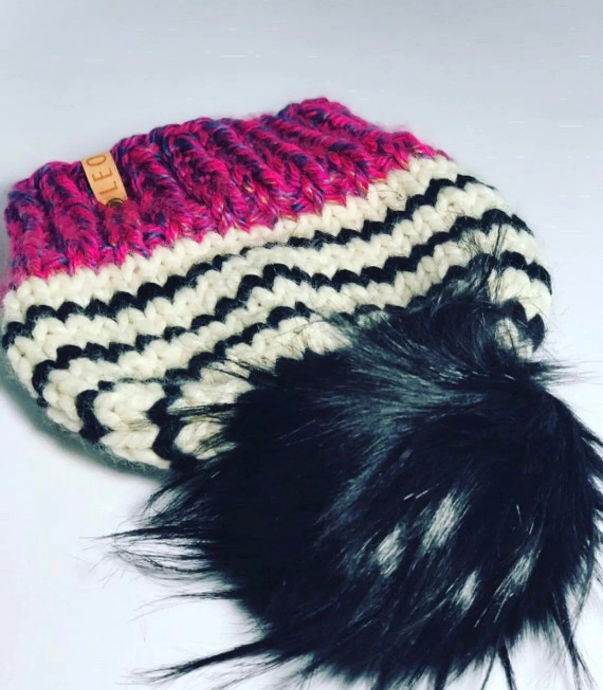 Chunky Striped Faux Fur Pom Beanie