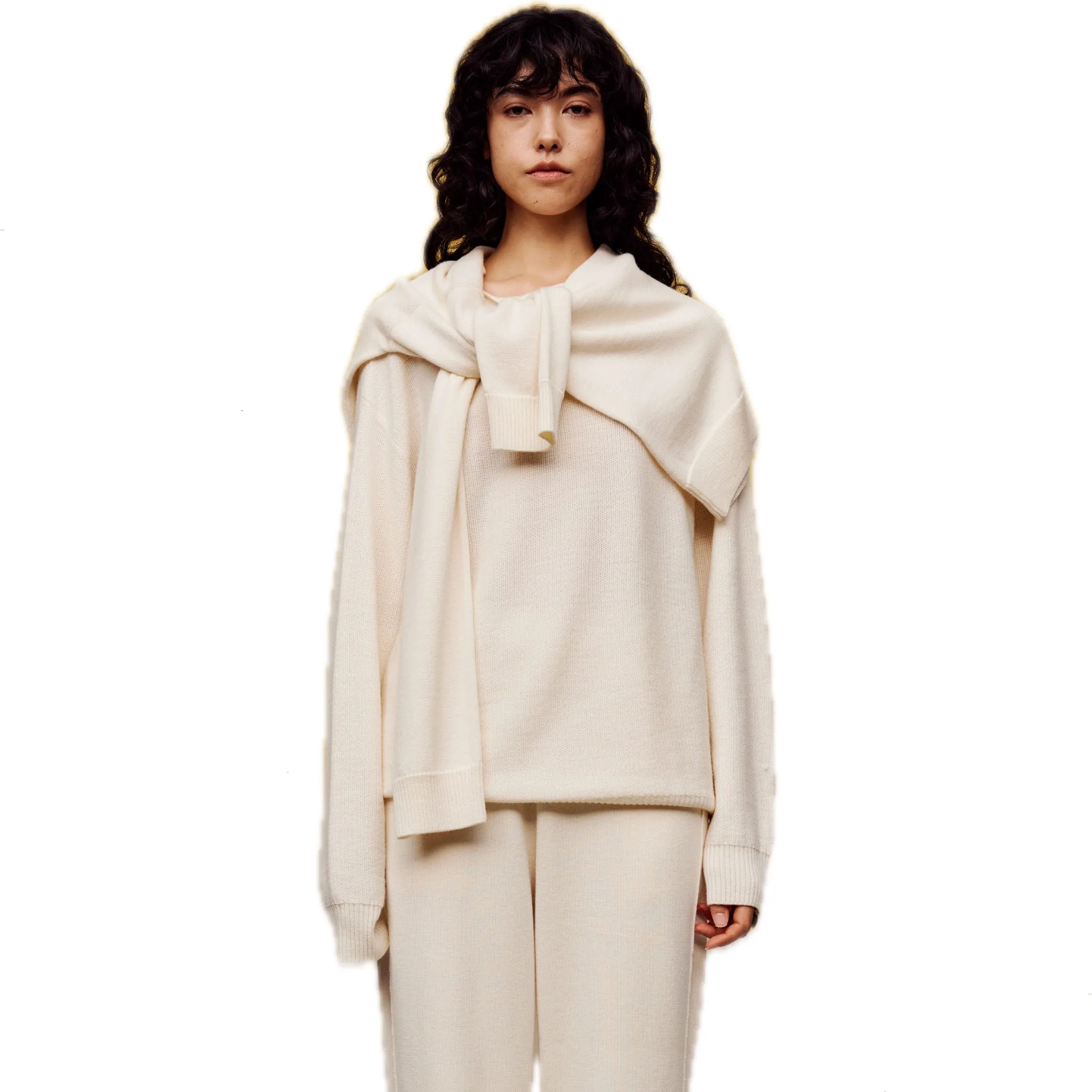 Collar Layered Silk Wool Sweater in White