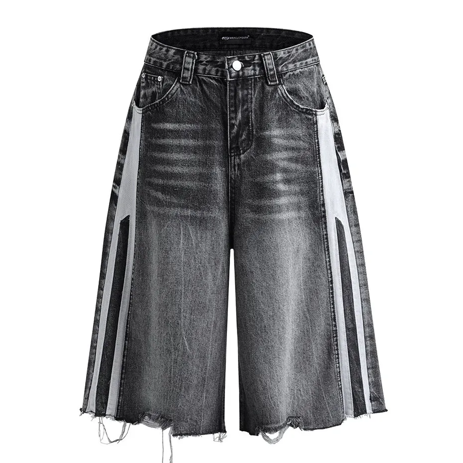 Contrast Panel Baggy Denim Shorts