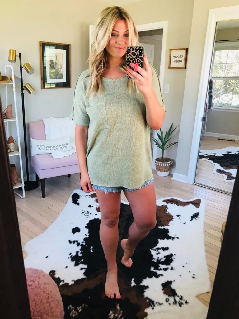Effortless One Sage Knit Top With Raw Edge Detail