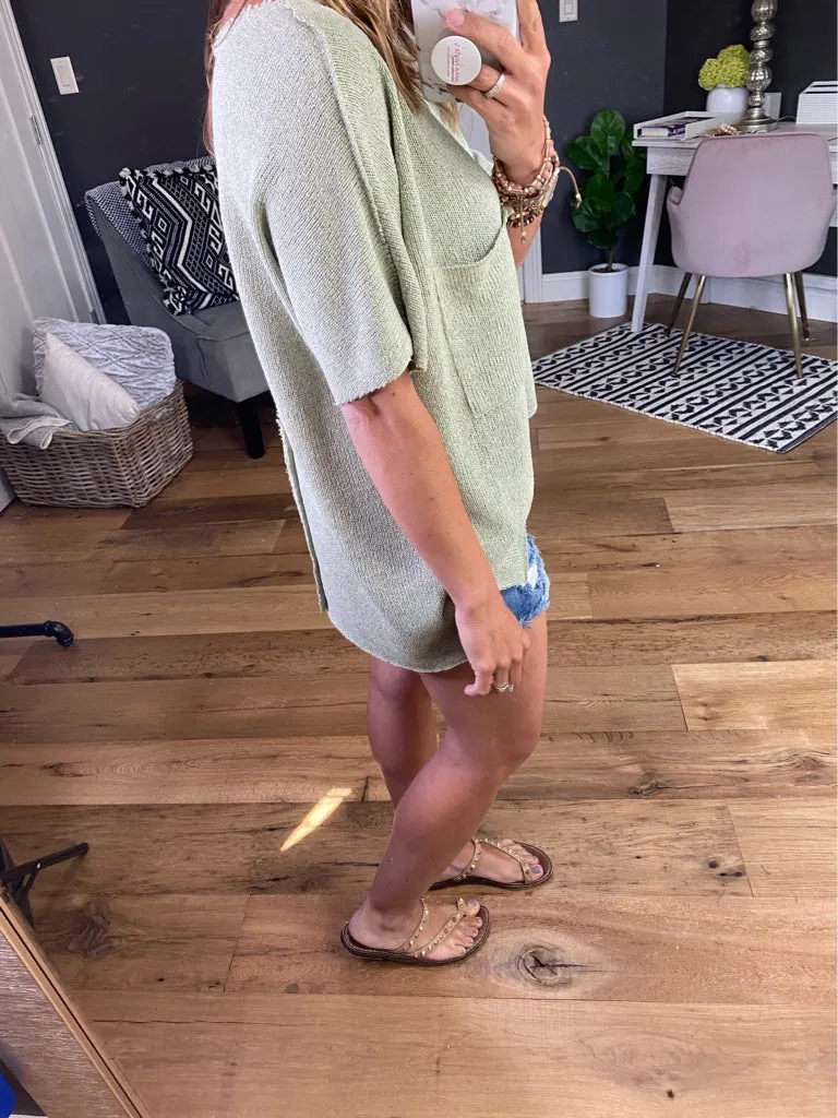 Effortless One Sage Knit Top With Raw Edge Detail