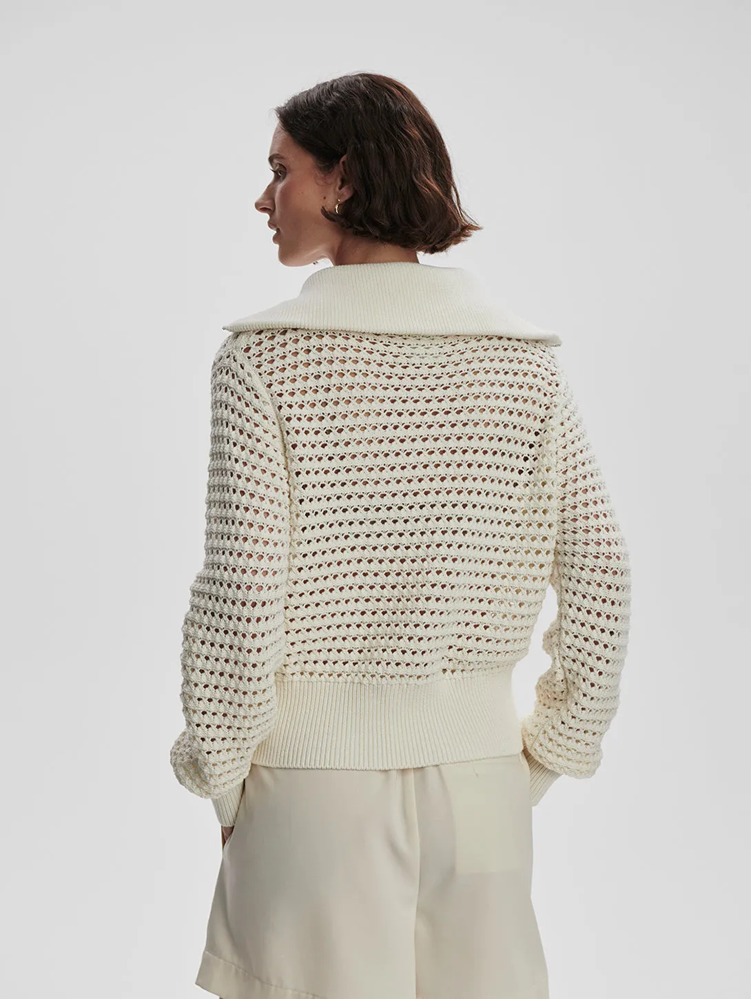 Eloise Full Zip Knit Sweater - Egret