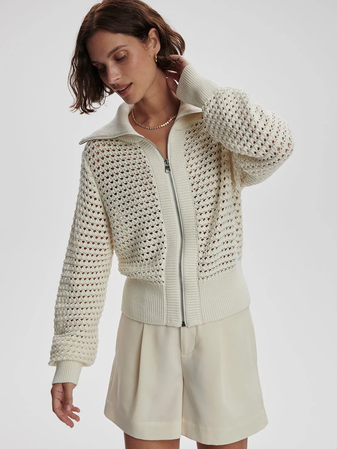 Eloise Full Zip Knit Sweater - Egret