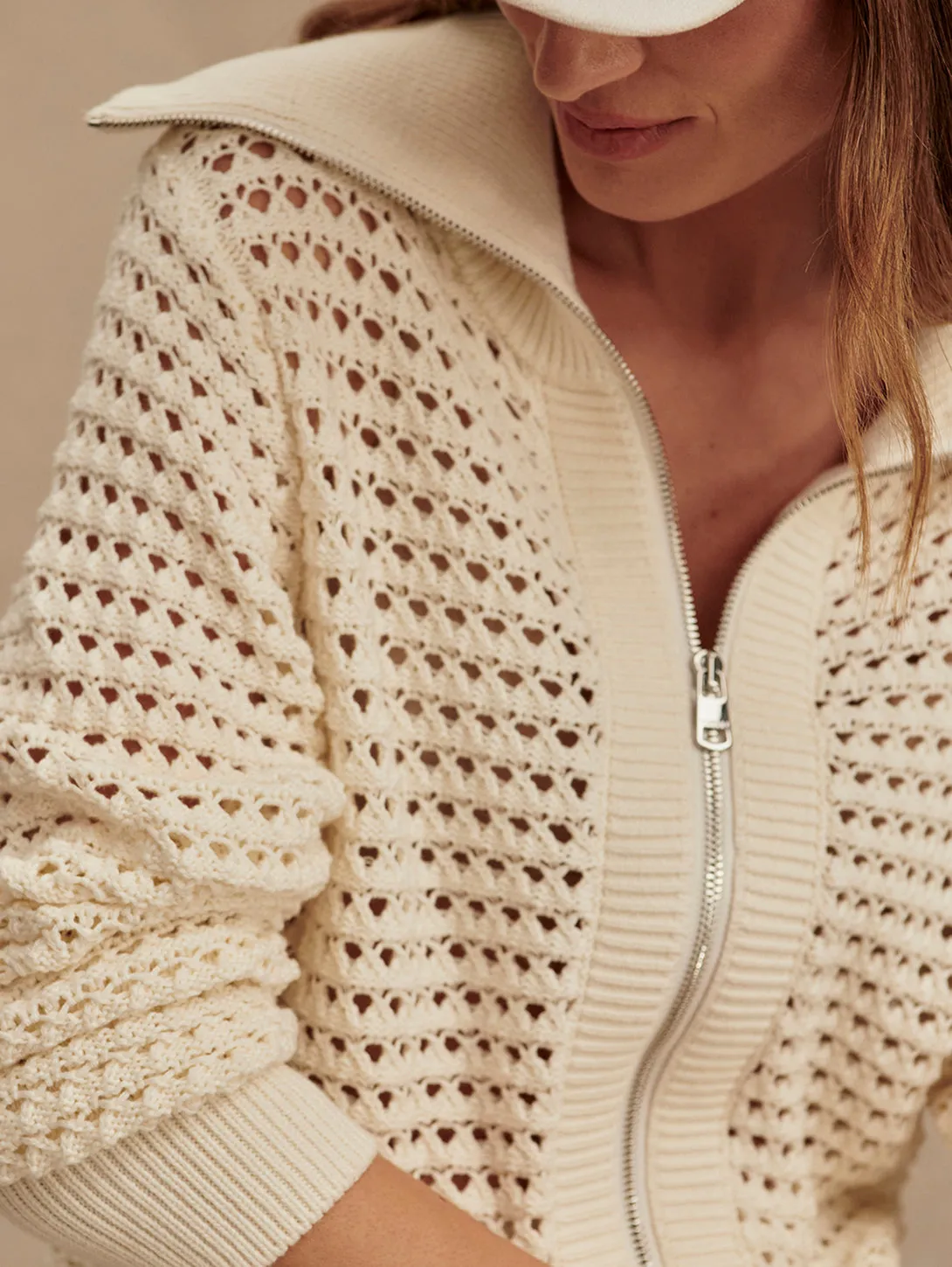 Eloise Full Zip Knit Sweater - Egret