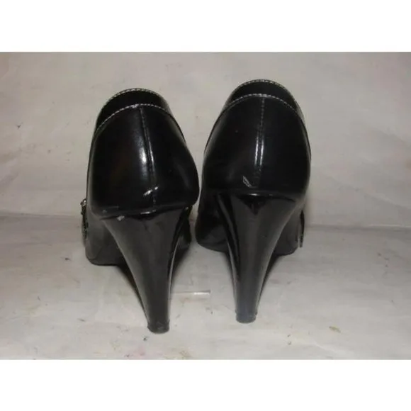 Etienne Aigner CYNTHIA Black Faux Leather & Patent open toe, 3.5" heels with a chrome buckle