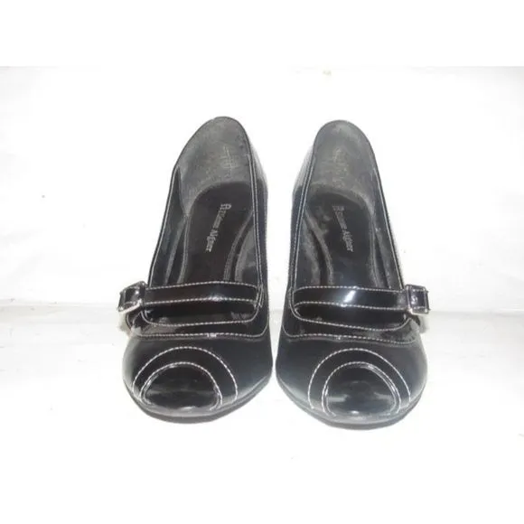 Etienne Aigner CYNTHIA Black Faux Leather & Patent open toe, 3.5" heels with a chrome buckle