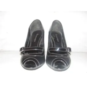 Etienne Aigner CYNTHIA Black Faux Leather & Patent open toe, 3.5" heels with a chrome buckle