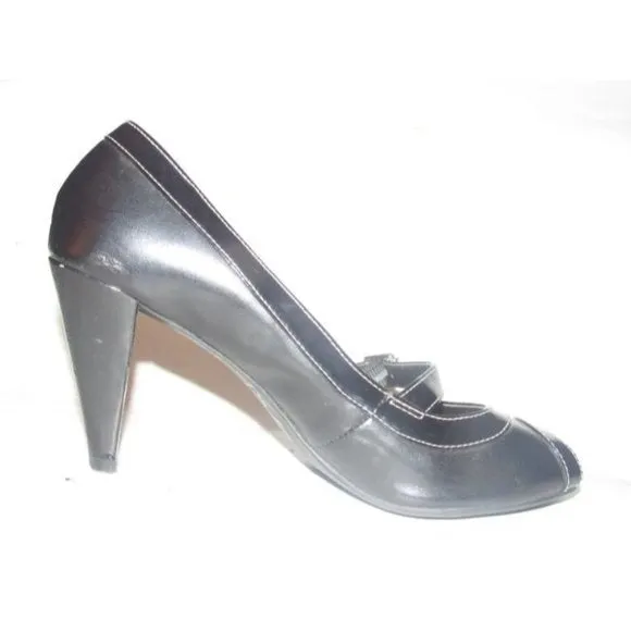 Etienne Aigner CYNTHIA Black Faux Leather & Patent open toe, 3.5" heels with a chrome buckle