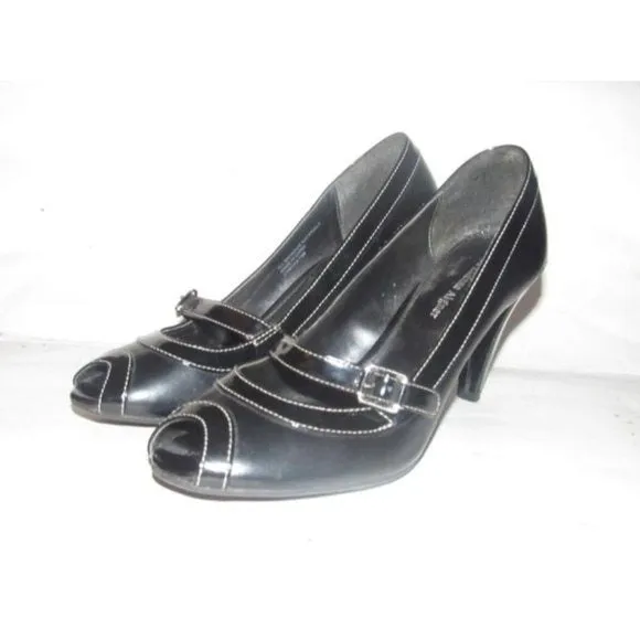 Etienne Aigner CYNTHIA Black Faux Leather & Patent open toe, 3.5" heels with a chrome buckle