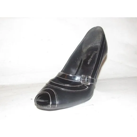 Etienne Aigner CYNTHIA Black Faux Leather & Patent open toe, 3.5" heels with a chrome buckle