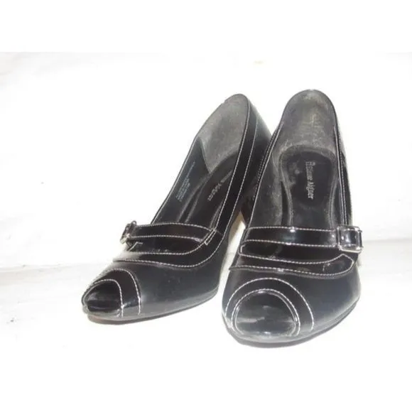 Etienne Aigner CYNTHIA Black Faux Leather & Patent open toe, 3.5" heels with a chrome buckle