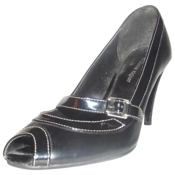 Etienne Aigner CYNTHIA Black Faux Leather & Patent open toe, 3.5" heels with a chrome buckle