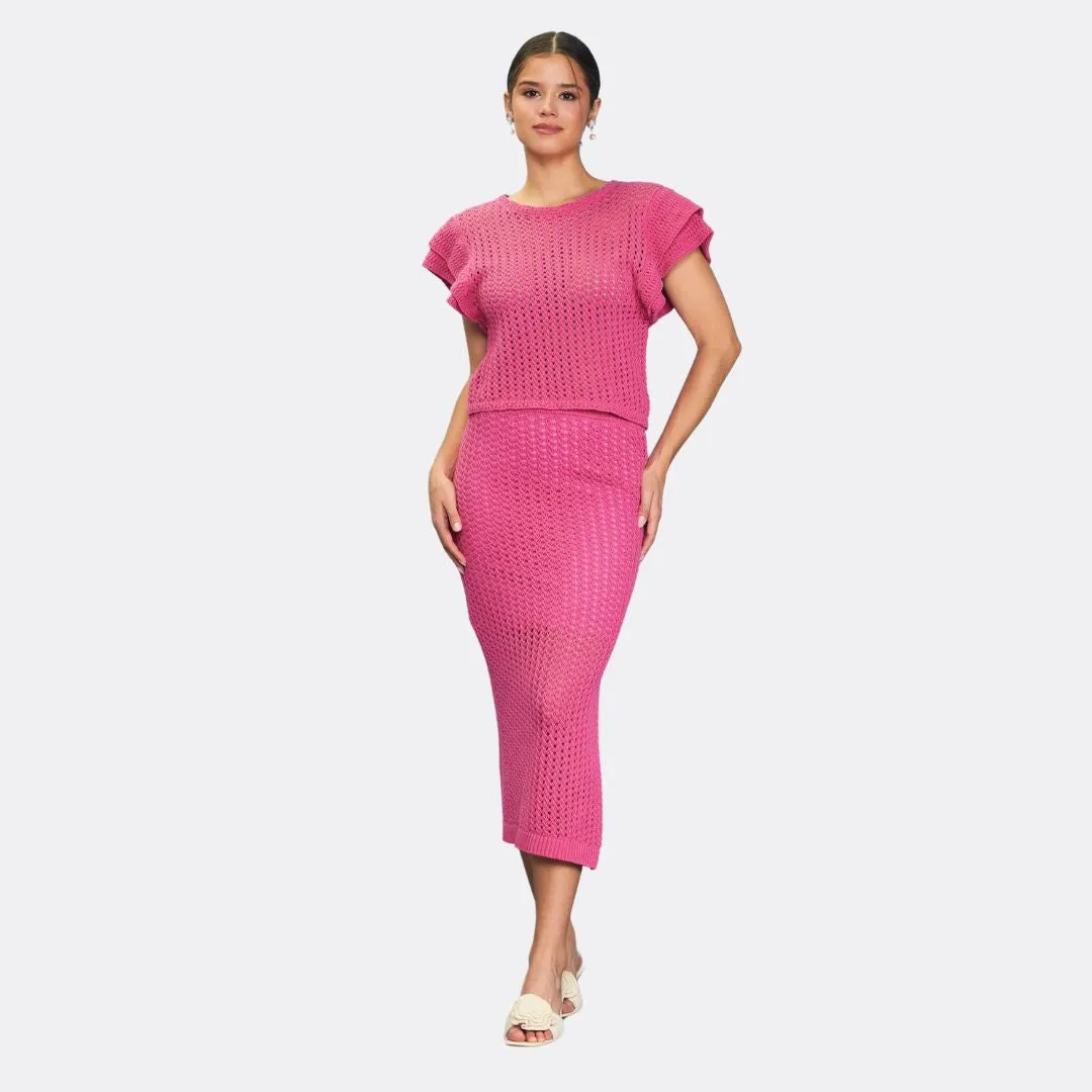 Flutter Sleeve Crochet Sweater (Flamingo)