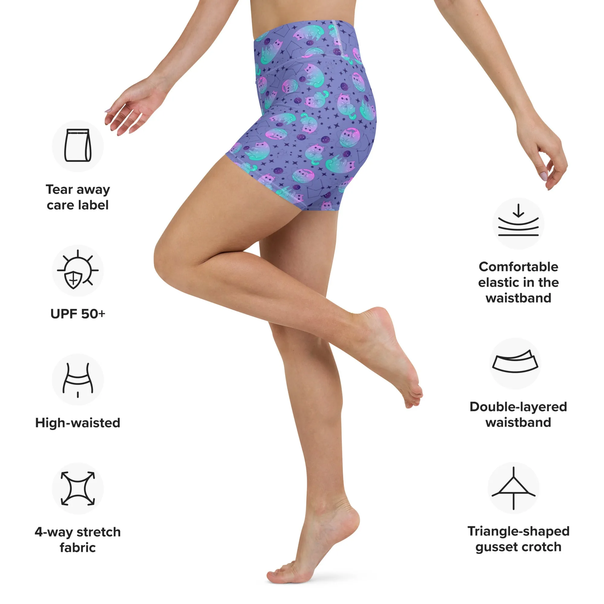 Galaxy Cats High-Waisted Yoga Shorts | Comfortable All-Over Print Shorts