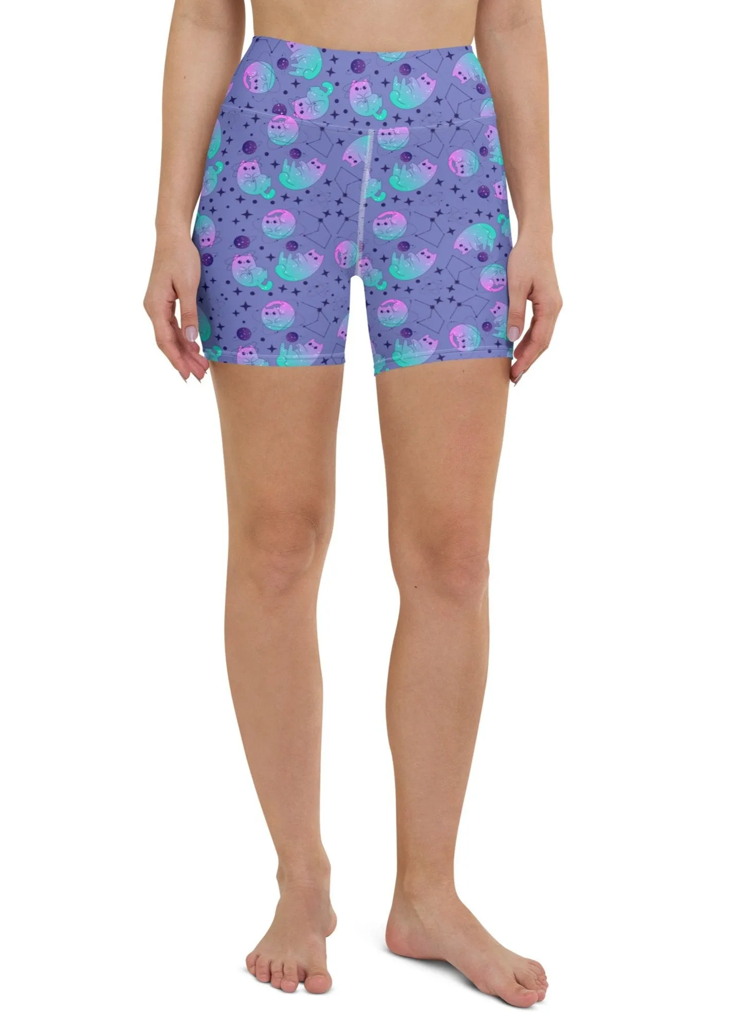 Galaxy Cats High-Waisted Yoga Shorts | Comfortable All-Over Print Shorts