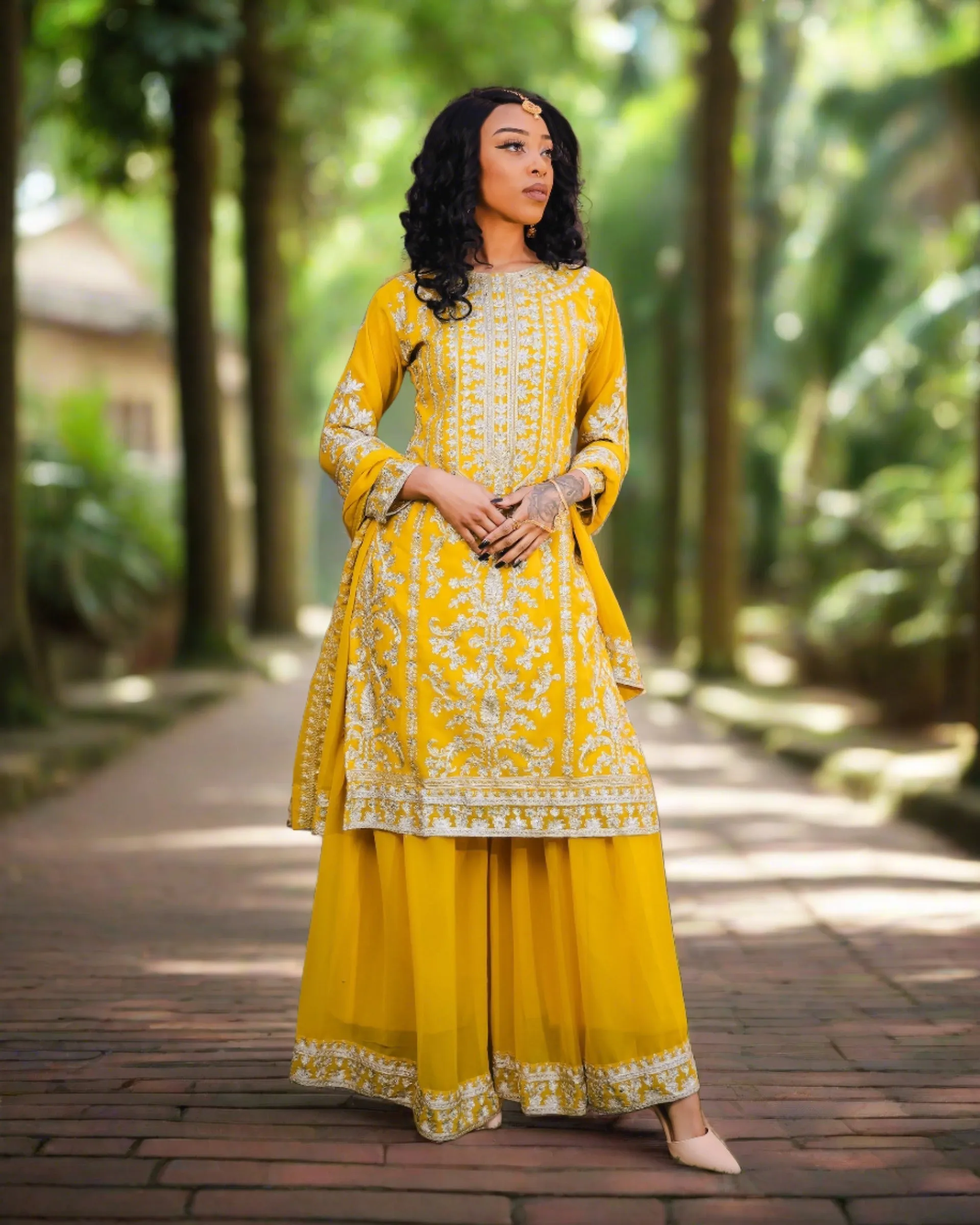 Georgette Embroidered Cadmium Yellow With Sharara Pants Suit