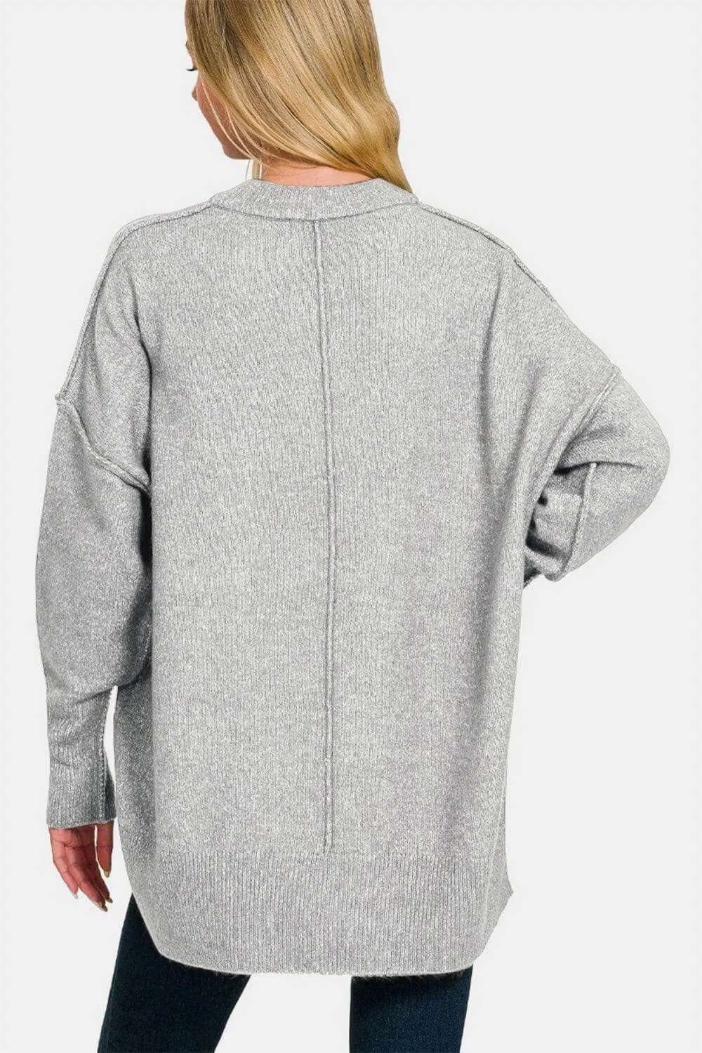 Grey High-Low Hem Drop Shoulder Sweater
