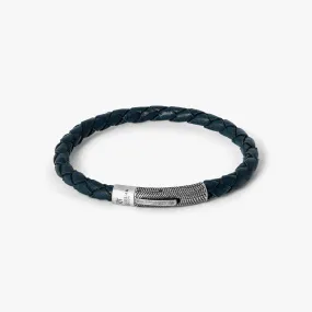 Herringbone Leather Bracelet, Stainless Steel - Navy Blue