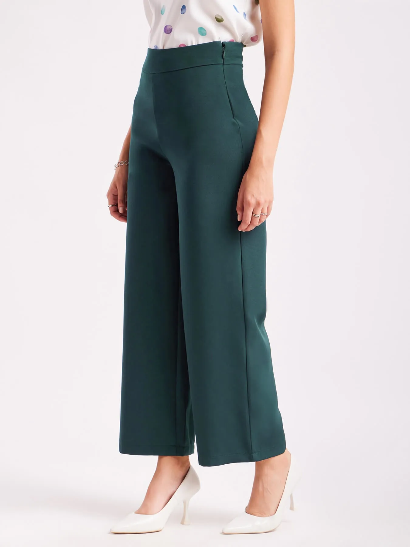 High Waist Wide Leg  Trousers - Bottle Green