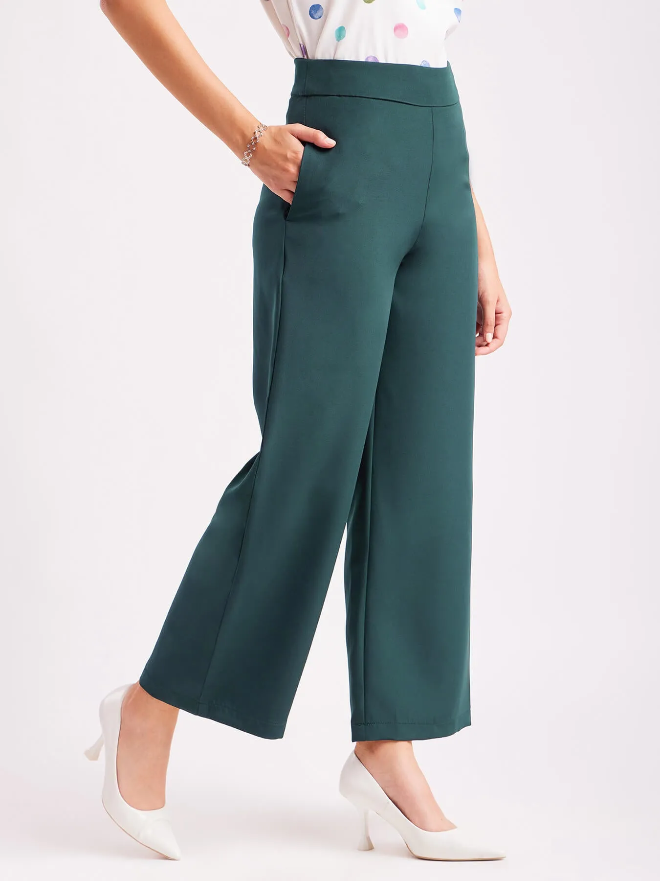 High Waist Wide Leg  Trousers - Bottle Green