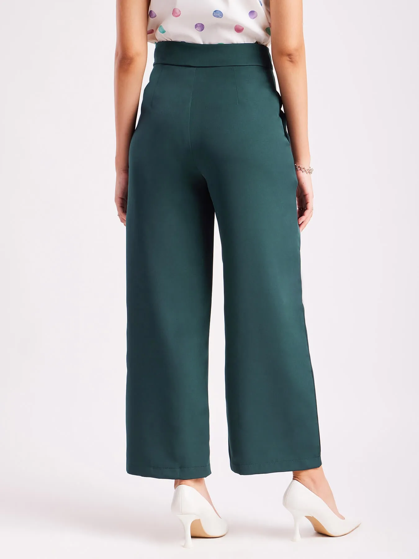 High Waist Wide Leg  Trousers - Bottle Green