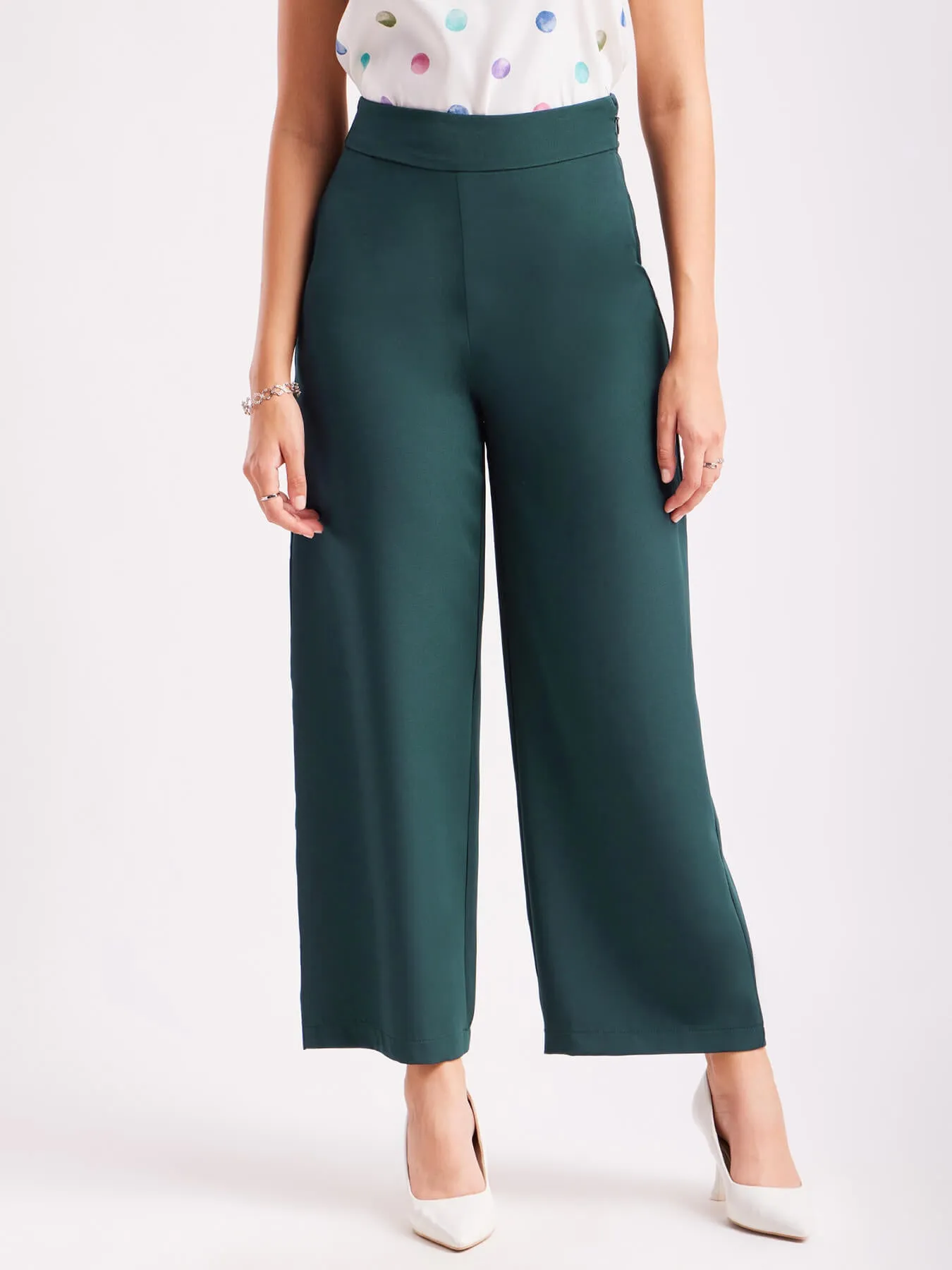 High Waist Wide Leg  Trousers - Bottle Green