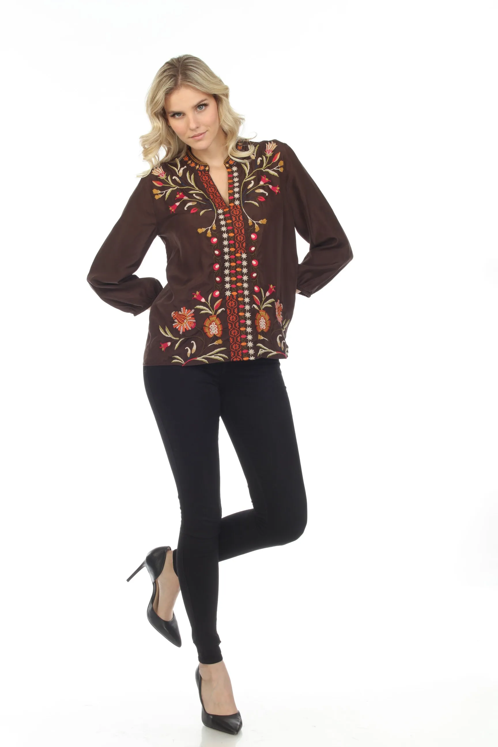 Johnny Was Workshop Brown Rosalva Paris Effortless Blouse Boho Chic W14622