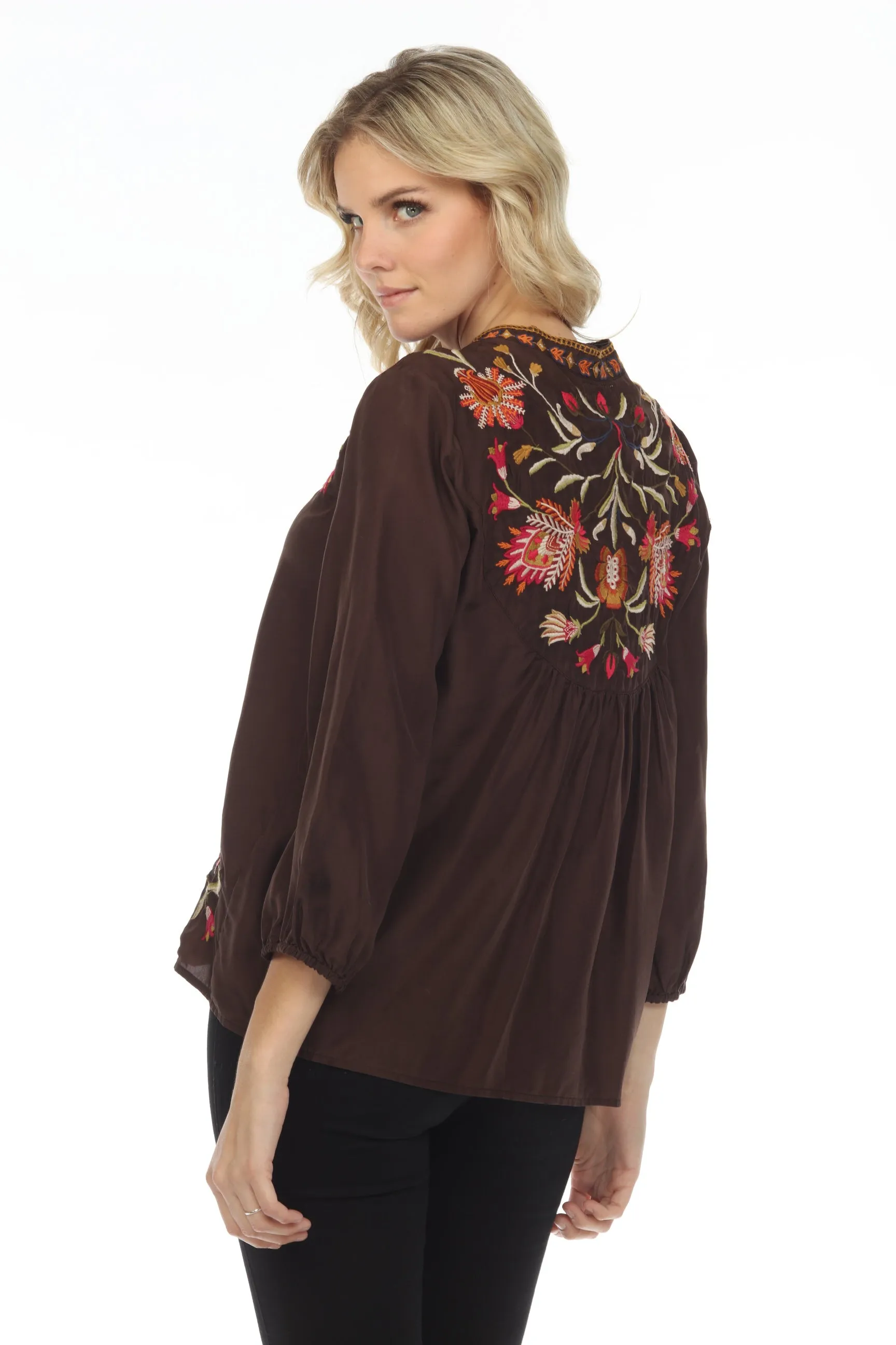Johnny Was Workshop Brown Rosalva Paris Effortless Blouse Boho Chic W14622