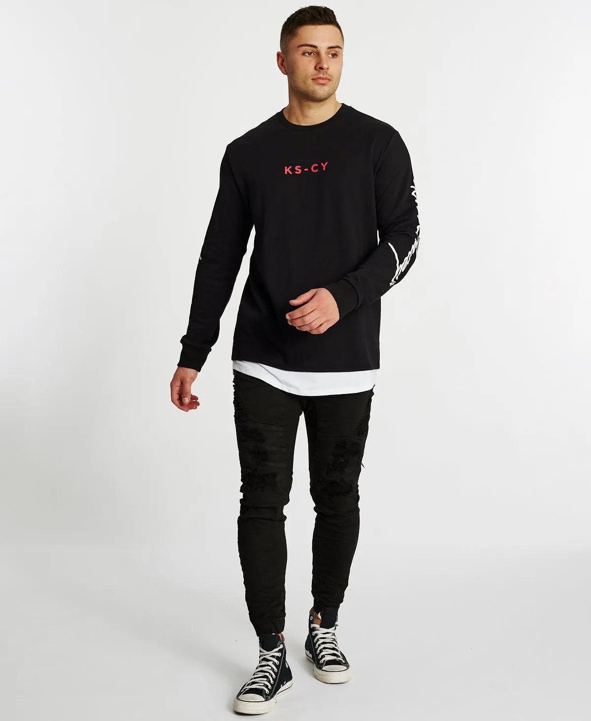 Kiss Chacey MENS FORTUNA LAYERED HEM SWEATER - JET BLACK