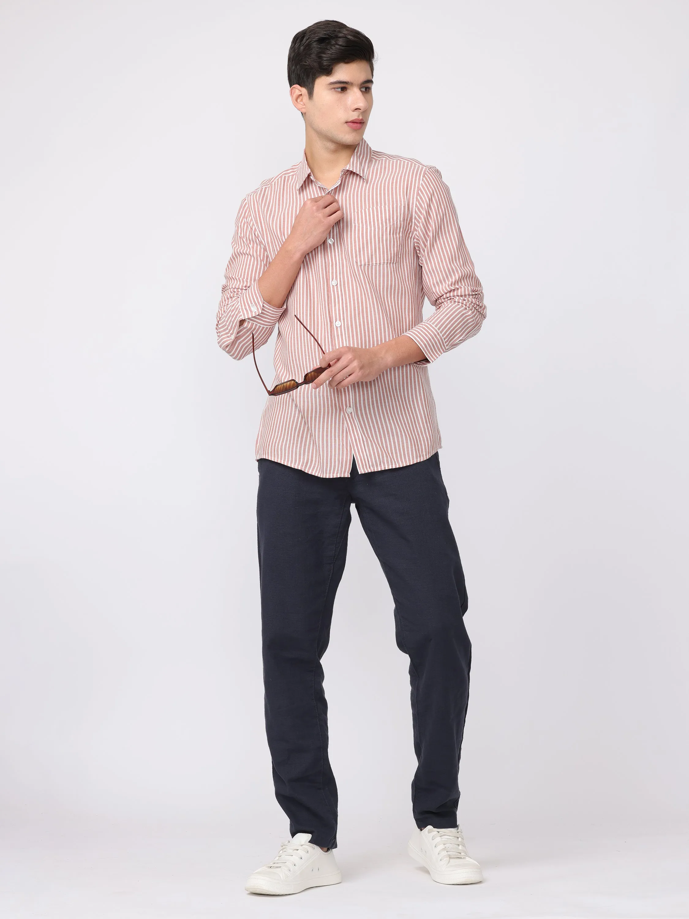 Men Navy Regular Fit Cotton Linen Regular Fit Pants