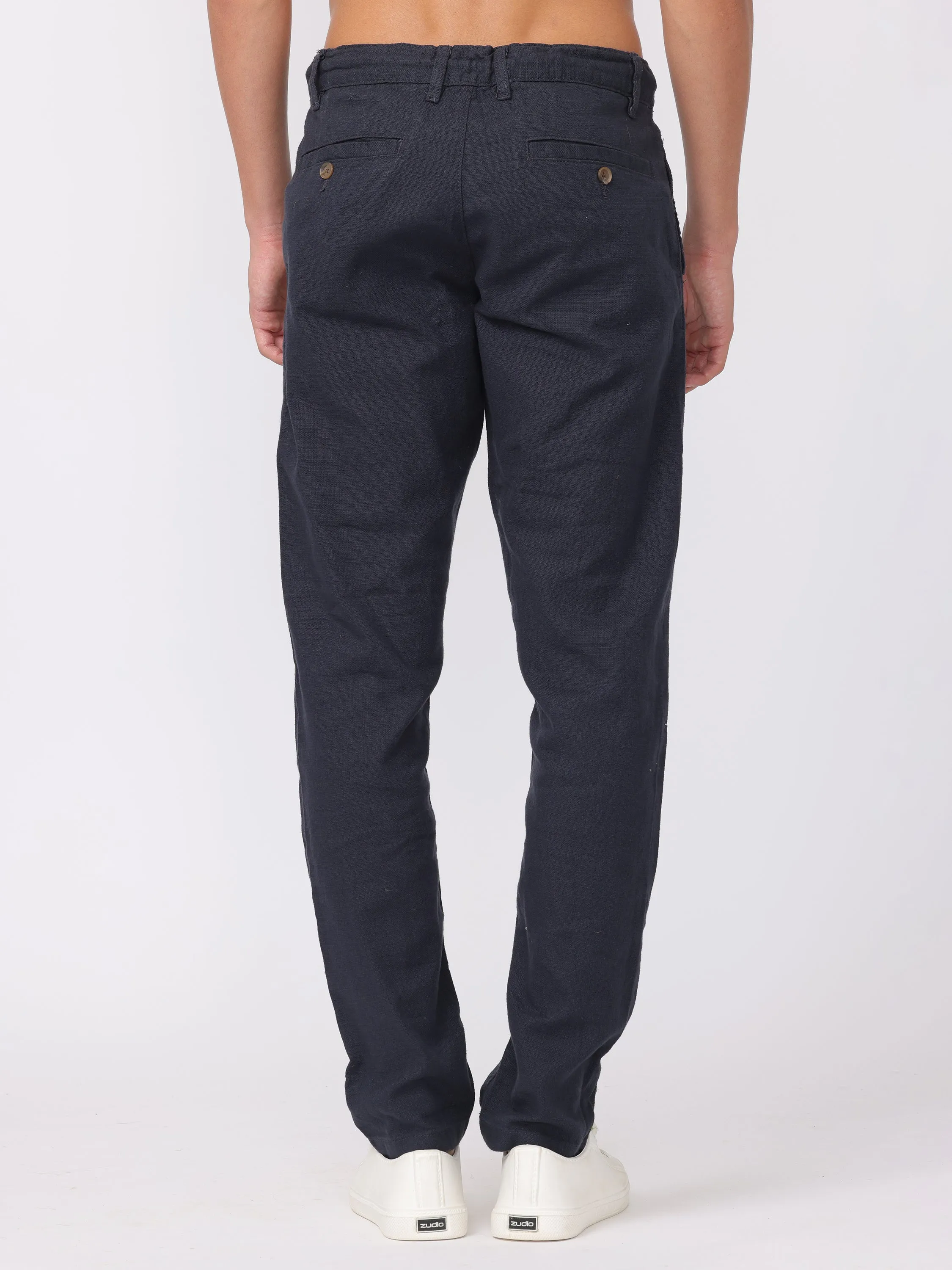 Men Navy Regular Fit Cotton Linen Regular Fit Pants
