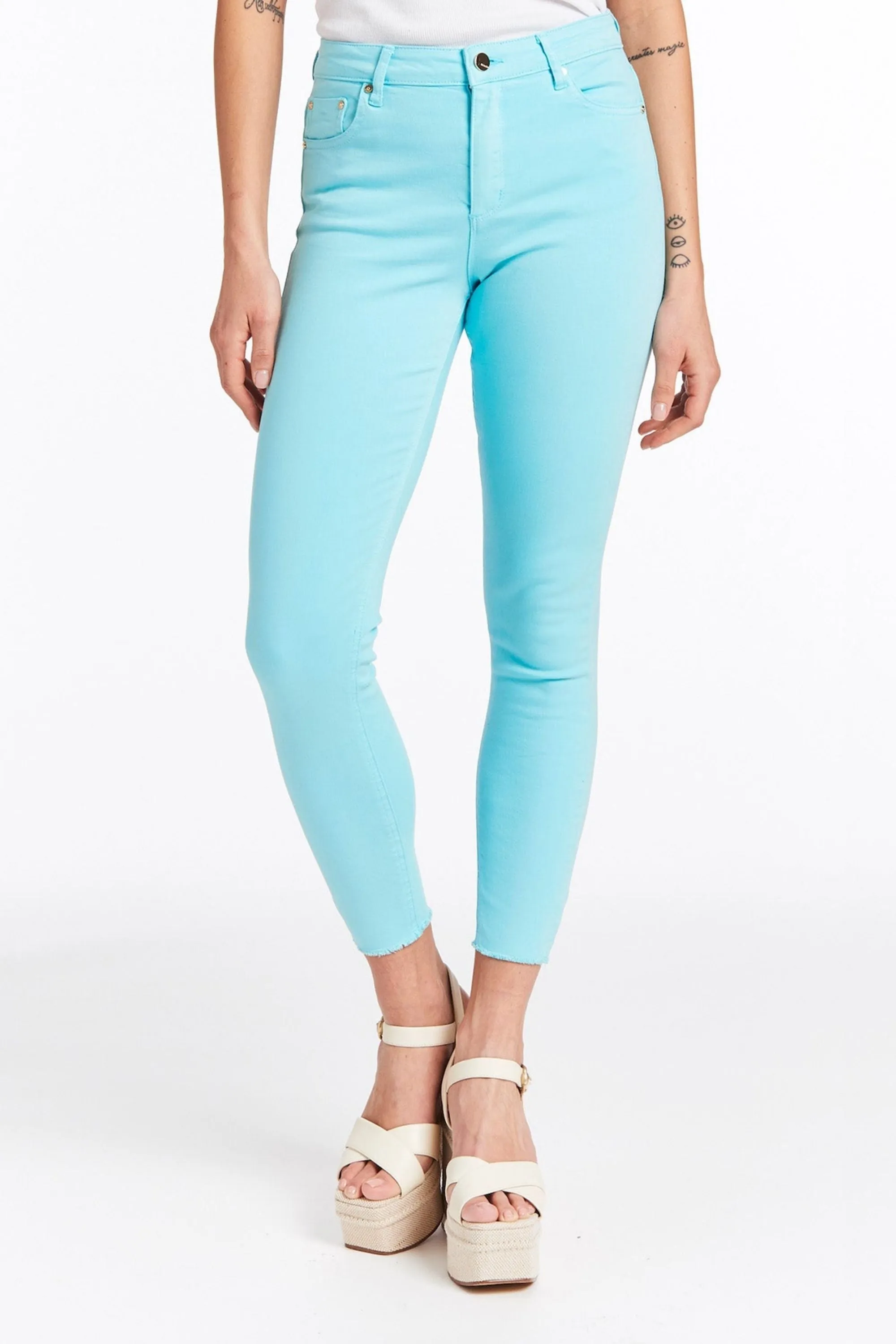 Mona - High Rise Color Denim Skinny Crop Fray