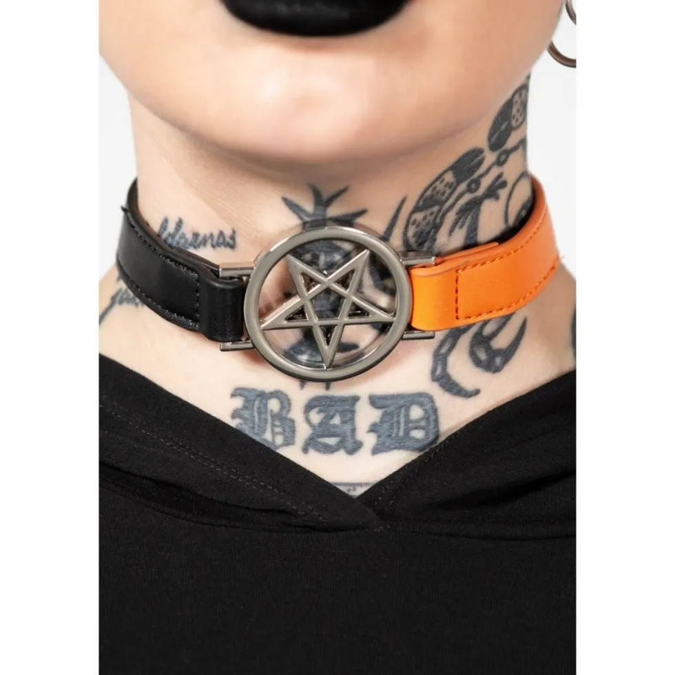 Penta Half Choker Black/Orange Vegan Leather Pentagram Charm