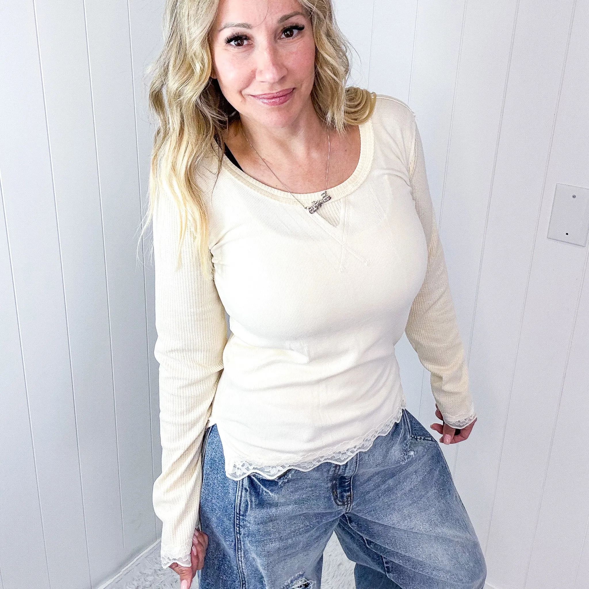 Pol Fall in Love Lace Trim Soft Hacci Ribbed Long Sleeve Top
