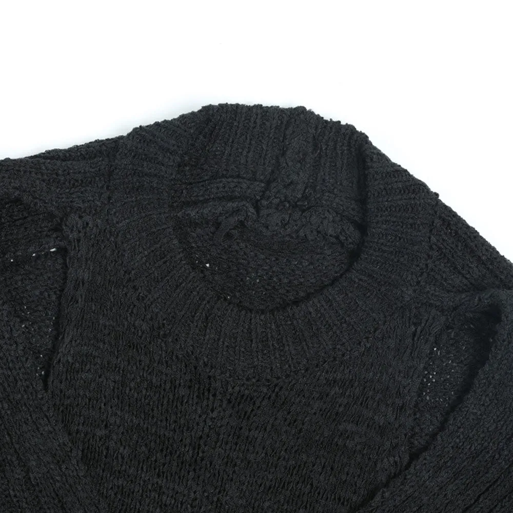 Rebellious Crew Neck Long Sleeve Cutout Twist Front Split Layered Sweater