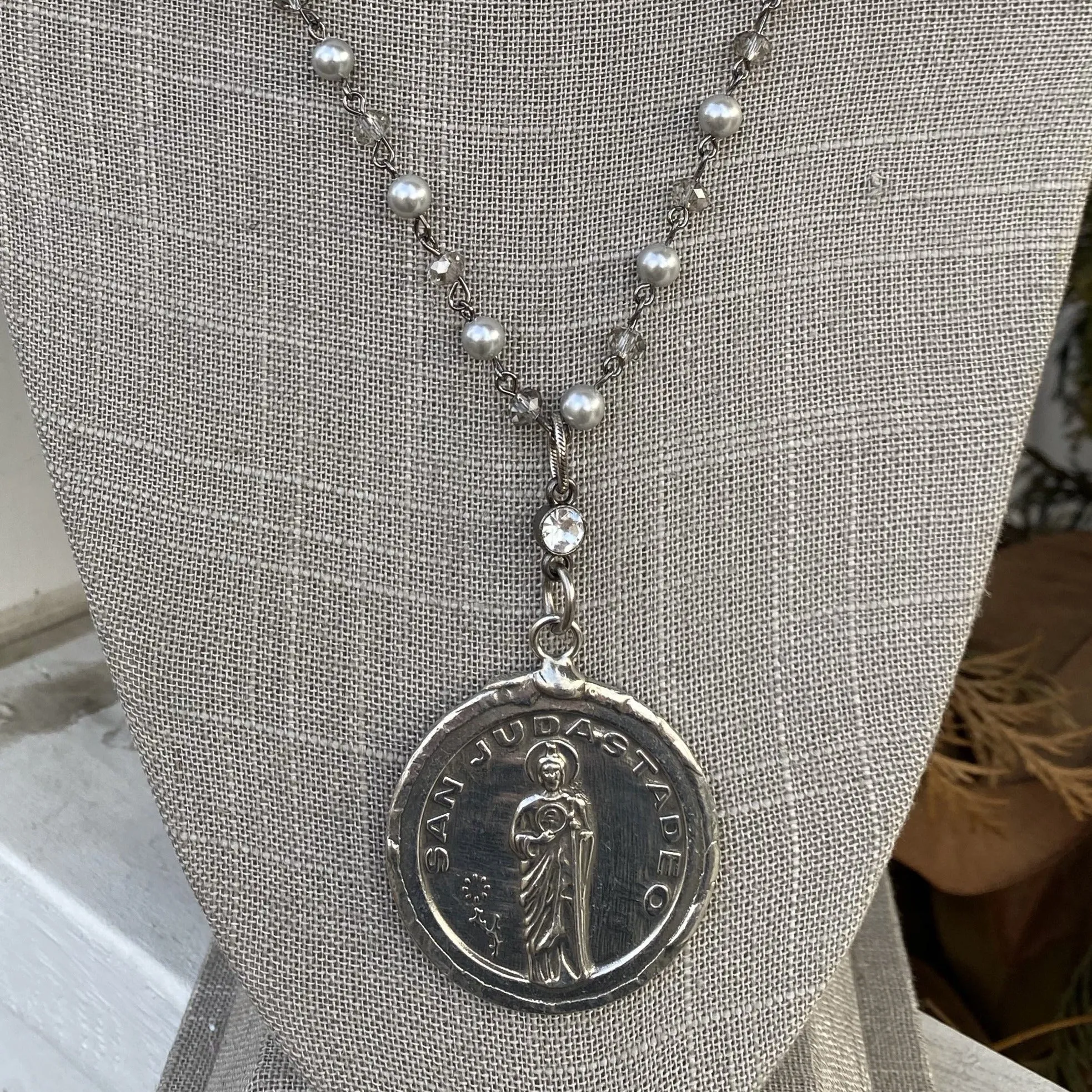 Silvery Pearl and Smokey Grey Crystal Long Necklace with Large Silver Disc Charm - NW 109