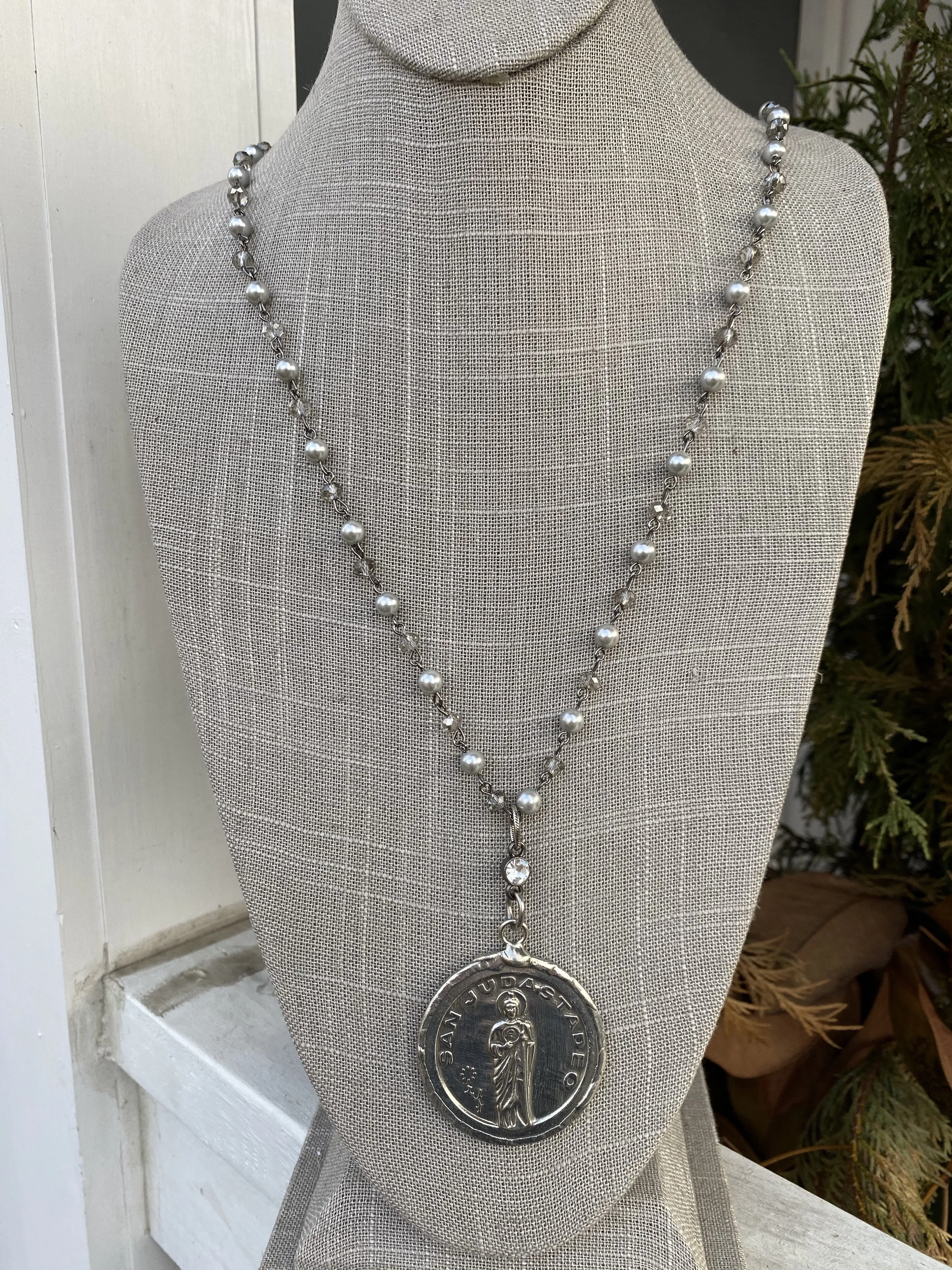 Silvery Pearl and Smokey Grey Crystal Long Necklace with Large Silver Disc Charm - NW 109