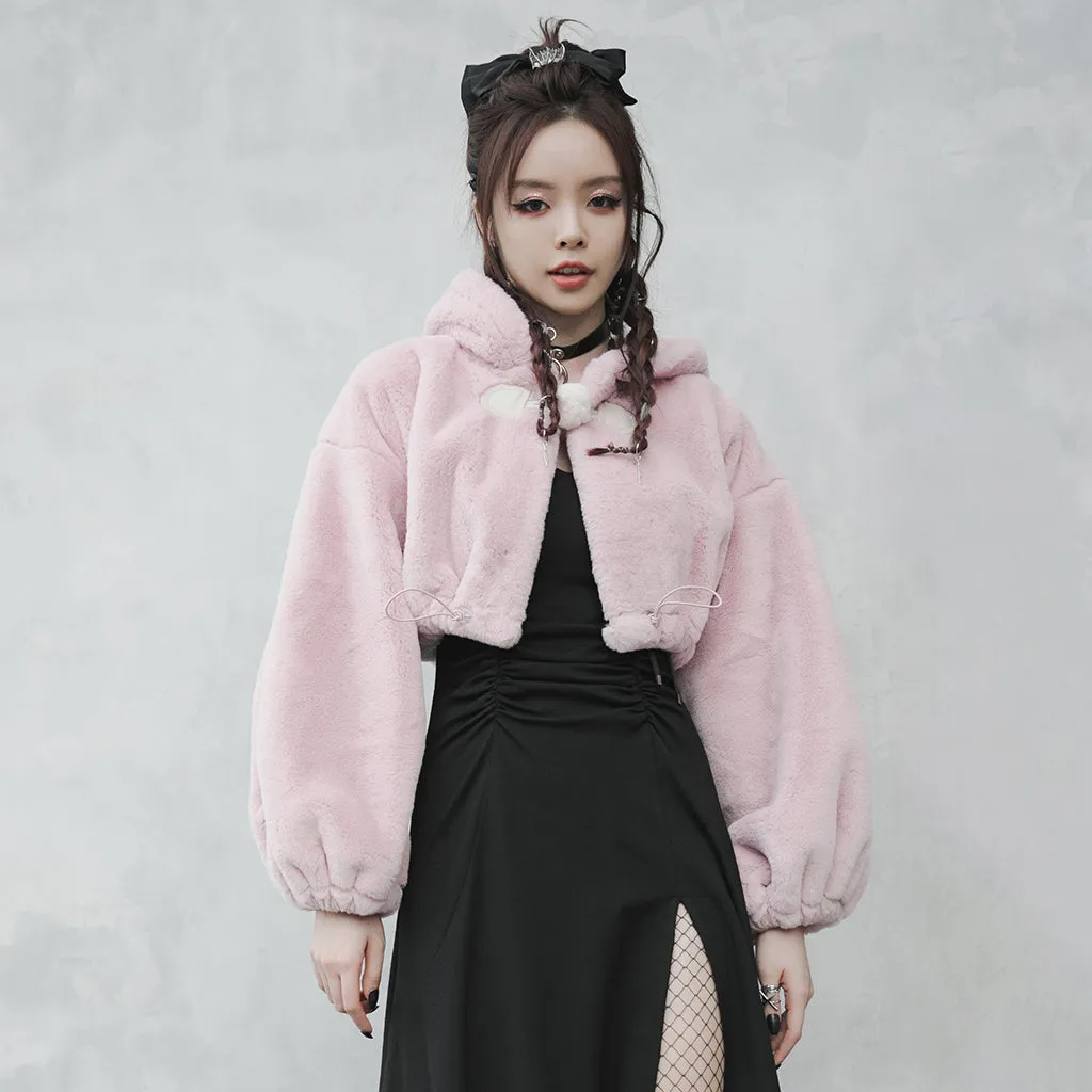 Small ears drawstring cap short coat