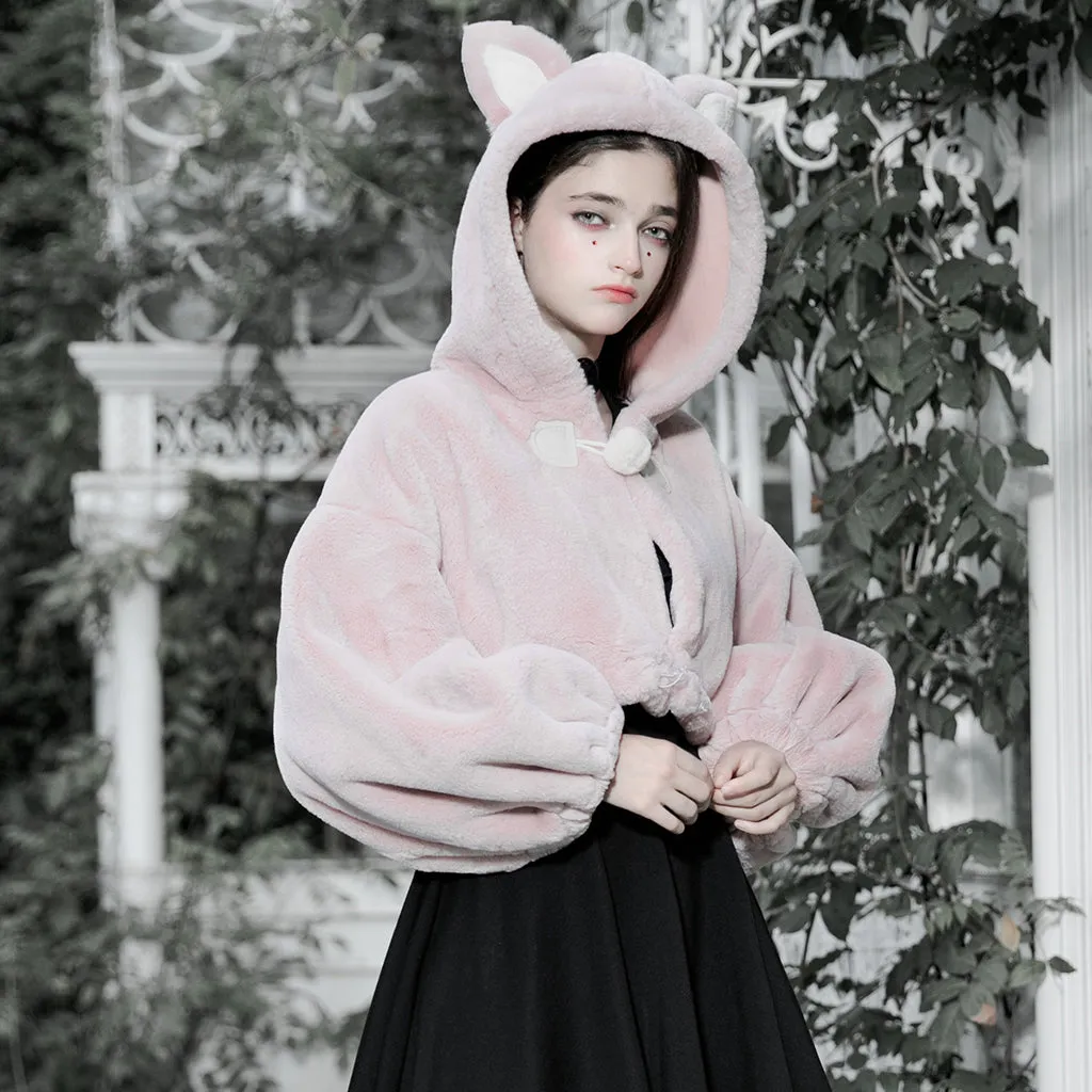 Small ears drawstring cap short coat