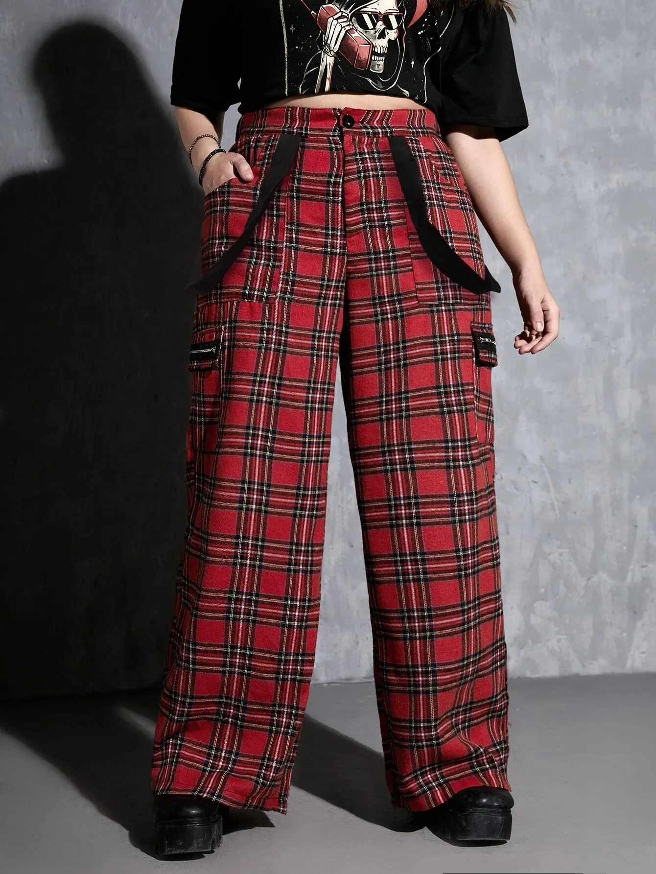 Tartan Print Cargo Pants With Flap Pocket
